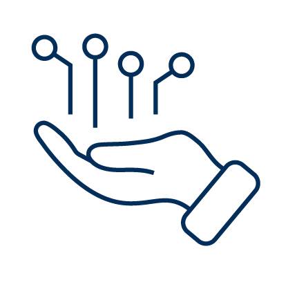 Blue illustration outline of an outstretched hand with computer data over the palm